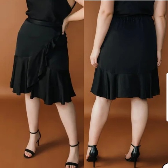 Chloe Kristyn Traci Skirt Satin Flounce Ruffle Hem Black Midi NWT Size XL - Picture 2 of 9